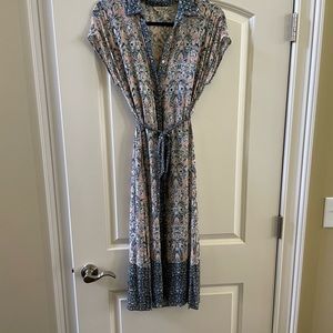 Lucky Brand Emily Floral Midi Dress Boho Print Tie Waist Size XS